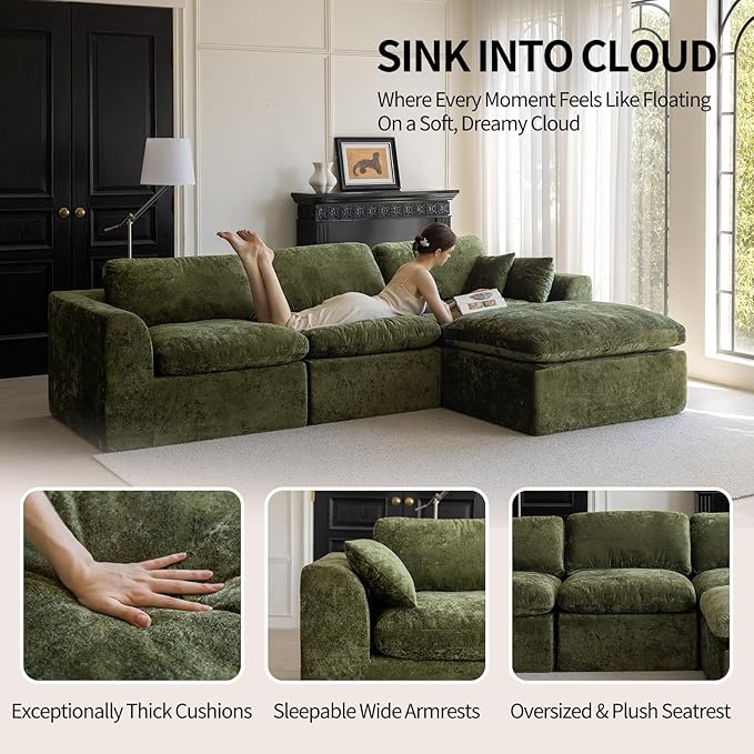115''Cloud Sectional Couch, Modern L-Shape Sofa with Ottoman, Oversized Convertible 3 Seater Modular Couches for Living Room, Forest Green
