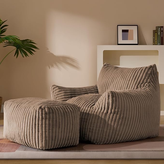 Oversized Bean Bag Chaise Lounge Chair Indoor for Adults with Armrests & Ottoman - Giant Comfy Khaki Beanbag Floor Sofa Cloud Accent Chair for Reading, Gaming, Cozy Plush Cloud Mini Couch