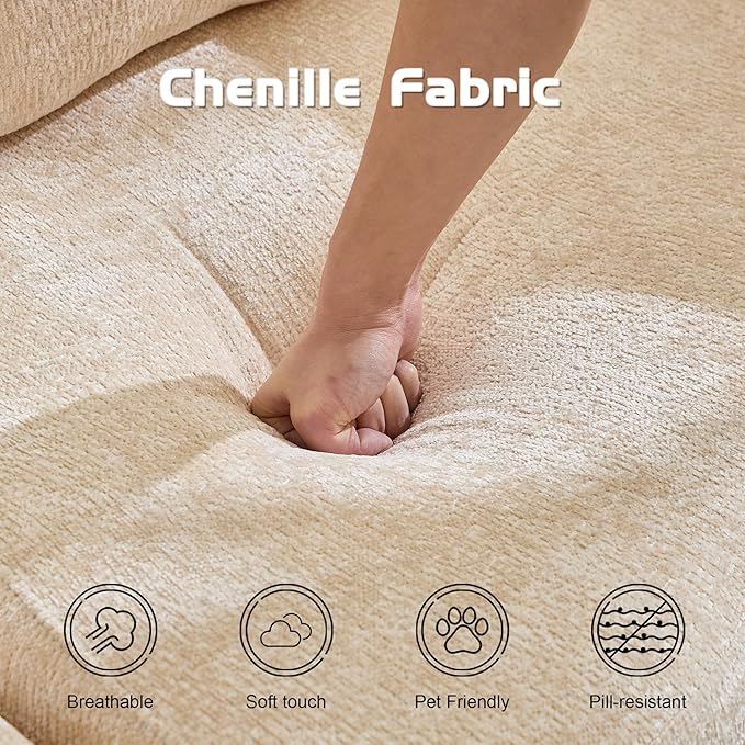 6-in-1 Folding Convertible Sofa Bed, 118 Inch Boneless Couch with Fixed-Shape Frame, Chenille Sleeper Sofa with Pull Out Bed, Floor Sofa Modular Futon Couches for Living Room Bedroom Lounge (Beige)