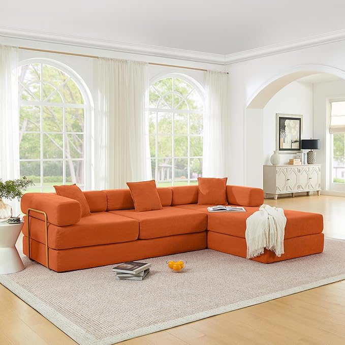 108" Convertible Sleeper Sofa Bed, Corduroy Folding Sofa Bed with Fixed-Shape Frame, Fold Out Floor Mattress Couch, Lazy Compression Sofas for Living Room, Bedroom, No Assembly Required,Orange