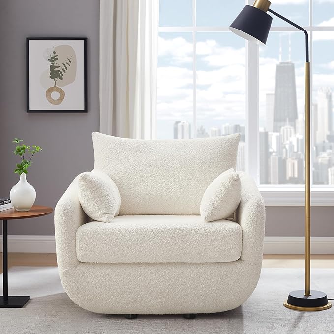 UNUQLIVCO 360° Swivel Accent Armchair, 39.3" Oversized, Sherpa Boucle Fabric Sofa Chair with Removable Back & Arm Pillows, Swivel Chair with Cozy Soft Padded (1, Cream White)