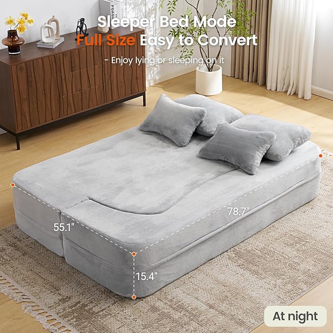 Orynveela Convertible Folding Sofa Bed, 78” Full Size Floor Sleeper Couch, Chenille Full Foam Curved Back Futon Loveseat for Living Room Bedroom, No Assembly (Beige White)