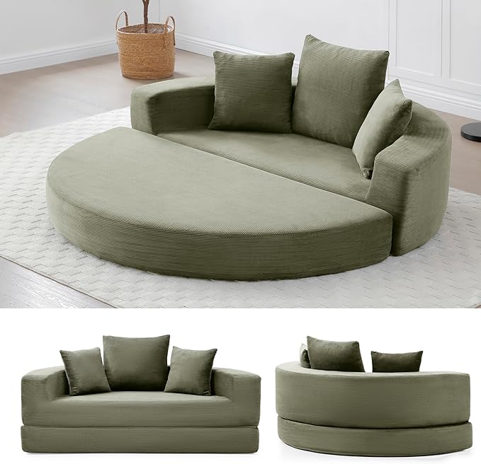 67" Round Convertible Folding Sofa Bed, Boneless Couch Loveseat, Floor Sleeper Chaise Lounge for Living Room, Apartment, Dorm, Small Spaces, Green