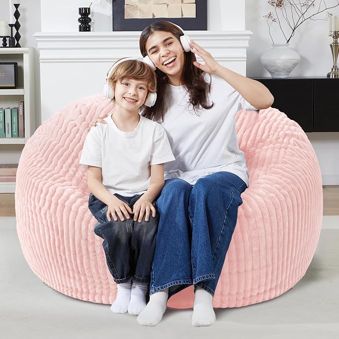 Homguava 3 FT Bean Bag Chair,3' Big Bean Bag,Large Bean Bag Chairs for Adults with Memory Foam Filled,Comfy Beanbag Chairs Soft Bean Bag Sofa with Dutch Corded Plush Cover-Soft Pink