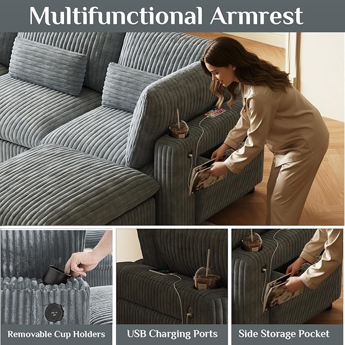 130" W x 67" D U Shape Sectional Sofa with USB Charging & Cup Holder & Storage, 6 Seater Plush Corduroy Couches with Movable Ottoman, Cloud Couch Sofas for Living Room, DIY Combination - Dark Grey