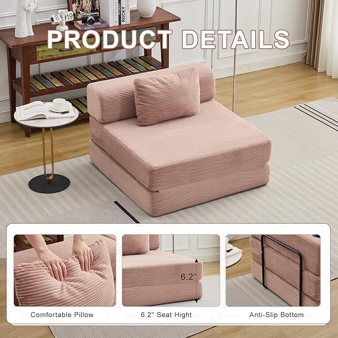 Folding Sofa Bed, Convertible Sleeper Chair with Pillow, Single Sofa with Back Support, Portable Fold Out Chair Cloud Couch Bed, Comfy Floor Sofa Lounge for Living Room Bedroom, Pink