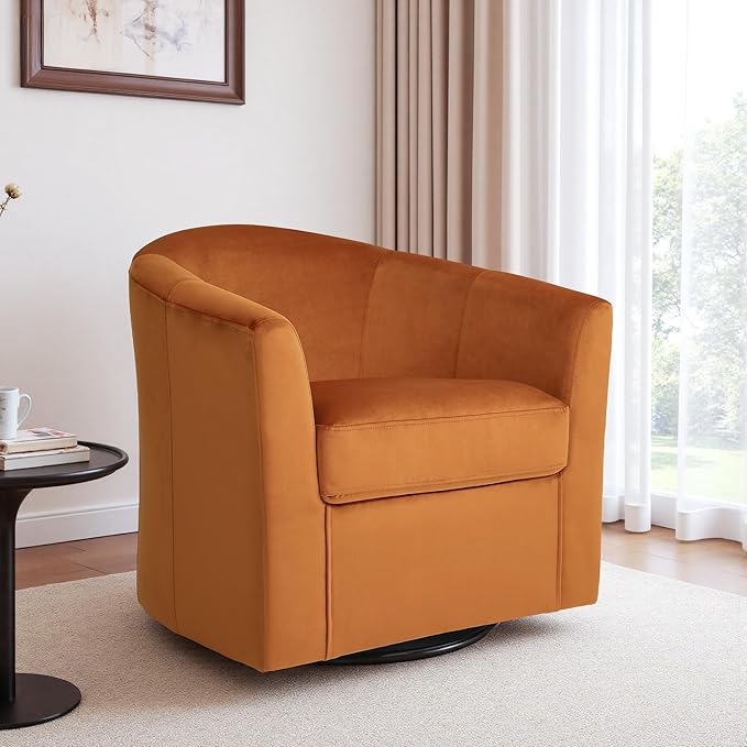 DREAMSIDEA Swivel Accent Chair, Upholstered Velvet Barrel Armchair, Modern Round Single Sofa Seating Comfy Reading Corner Chairs for Living Room Bedroom, Fully Assembled (Velvet Orange, Set of 1)