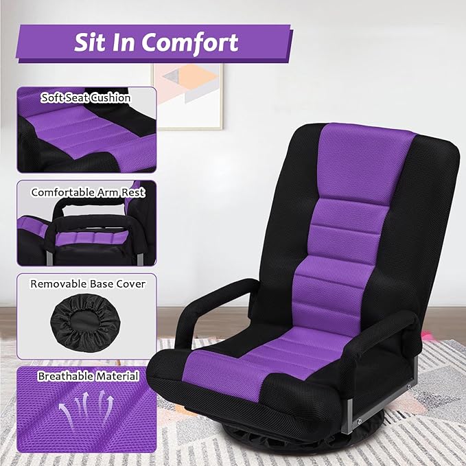 360 Rotating Swivel Gaming Chair w/6 Adjustable Positions Backrest Foldable Floor Chairs Suitable for Reading, Relaxing, Mediation,Purple