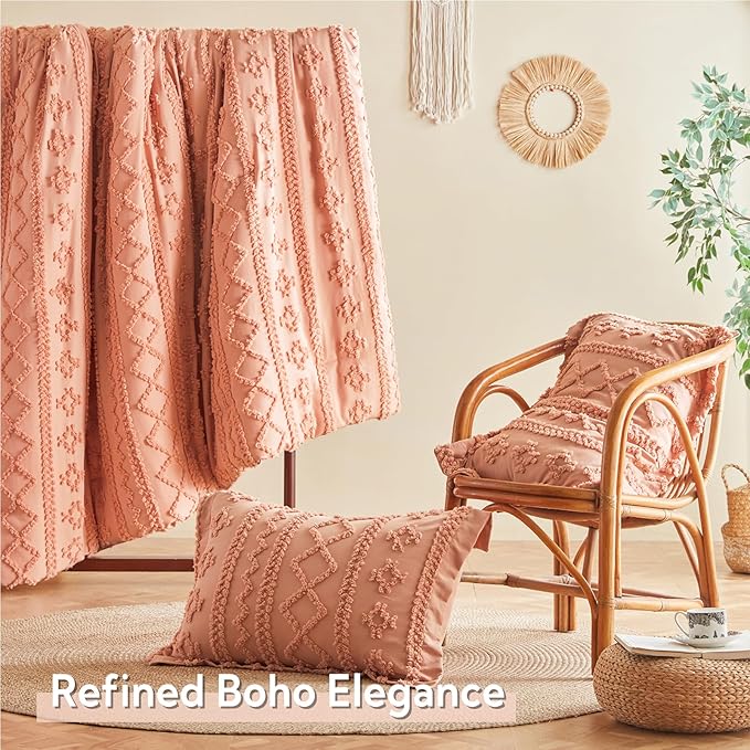 MR&HM Queen Comforter Set Coral Pink, 7 Pieces Tufted Boho Beddding Sets, Farmhouse Style Bed in a Bag with 1 Comforter, 2 Pillow Shams, 2 Pillowcases, 1 Flat Sheet, 1 Fitted Sheet for All Seasons