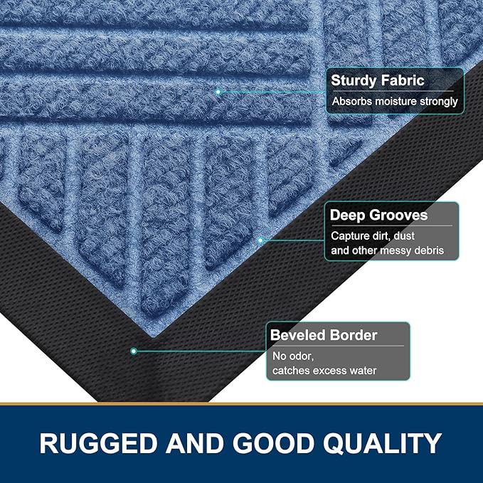 Smiry Front Door Mat Outside Entrance, Heavy Duty Outdoor Indoor Mat, Natural Rubber Doormat, Non Slip, Trap Dirt and Moisture, Easy Clean, Low Profile Patio Porch Entryway Mat, 71x23, Blue
