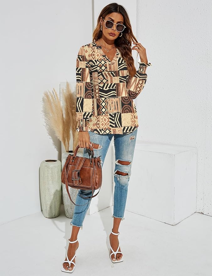 Romanstii Women's Casual V-Neck T-Shirts Loose Puff Long Sleeve Tops Tunic Blouses