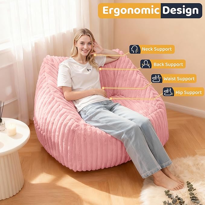 HABUTWAY Bean Bag Chair, Giant Bean Bag Chairs for Adults and Kids, Bean Bag Sofa, Lazy Floor Sofa, Faux Fur Beanbag Chair with Armrests for Living Room Bedroom (Pink)