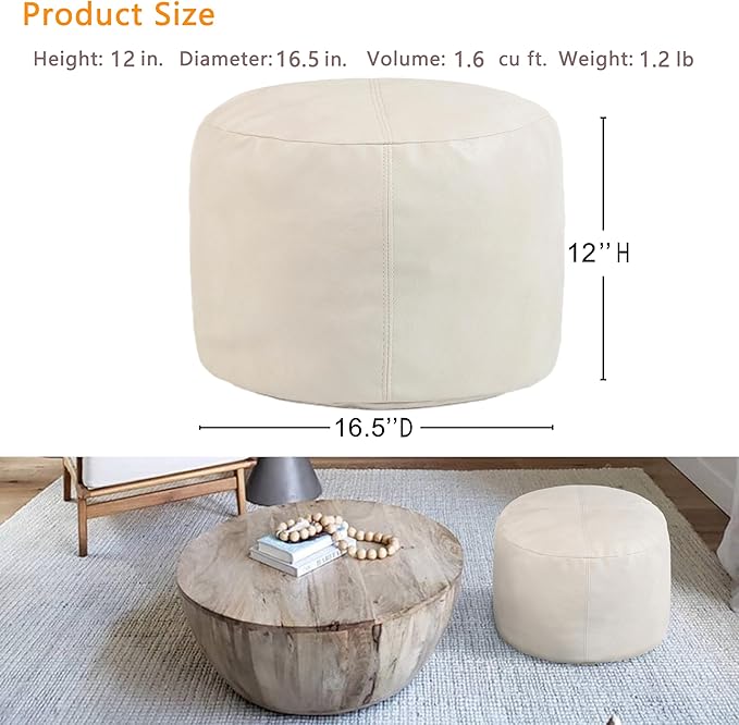 Thgonwid Unstuffed Faux Leather Pouf Cover, Handmade Footstool Ottoman Storage Solution, Floor Footrest Cushion - 16.5”Dx12”H, Ivory White