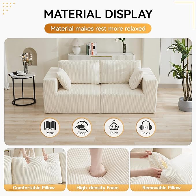 83'' Boneless Loveseat Sofa, Comfy Deep Seat Sectional Cloud Couch, No Assembly Corduroy Love Seat for Living Room, Beige
