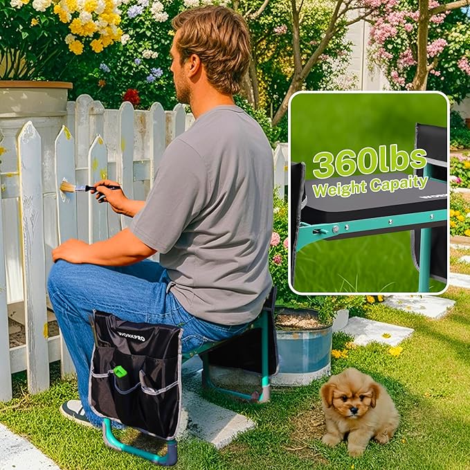 WORKPRO Garden Kneeler and Seat, 10" Wider Heavy Duty Foldable Gardener Stool with 2 Tool Bag Pouchs, NBR & EVA Foam Pad, Outdoor Portable Kneeler Bench for Gardening