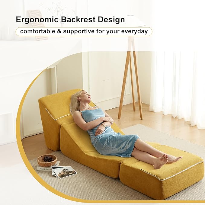 Swbvs Folding Sofa Bed, Single Chair Lounger with Back Support, Multi-Functional Floor Sofa for Living Room, Bedroom, or Small Spaces, Yellow Corduroy Fabric, Compact & Comfortable Design