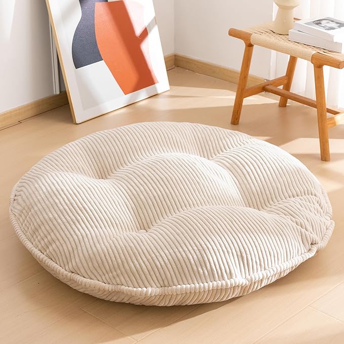 35" Washable Floor Pillow Cushion for Adults, Meditation Cushion Pillow, Extra Large Round Floor Sitting, Removable Tufted Corduroy Cover, for Tatami Living Room or Yoga, Beige, Machine Washable