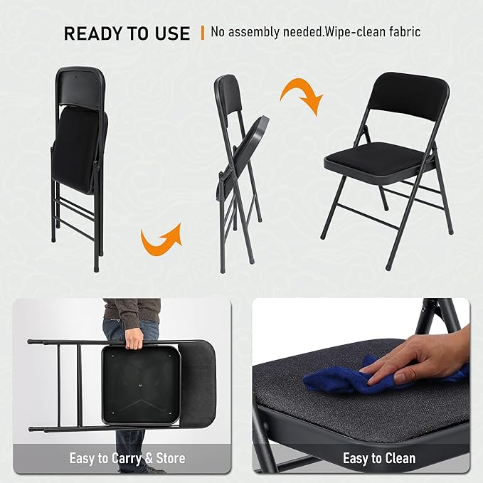 SEALAMB 16 Pack Fabric Folding Chairs with Padded Seats & Cushion, Metal Foldable Chairs for Wedding Party, Commercial Chairs for Office School Church Events, 350lb Capacity (Black-Fabric, 16 Pack)