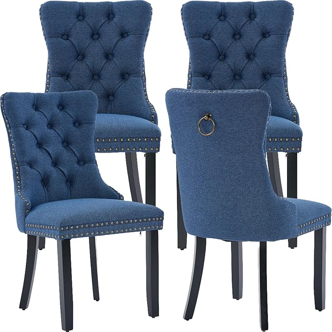 YeahFurn Blue Mid Century Modern Dining Chairs Set of 4, Linen Upholstered Kitchen & Dining Room Chairs with Nailhead Trim & Solid Wood Legs, Elegant Sillas De Comedor (Blue, 4 Pcs)