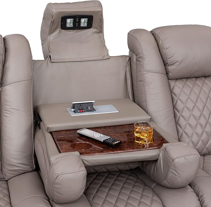 Seatcraft Anthem Italian Leather Sofa w/Fold-Down Table, Living Room, Power Headrest, Power Recline, Gray