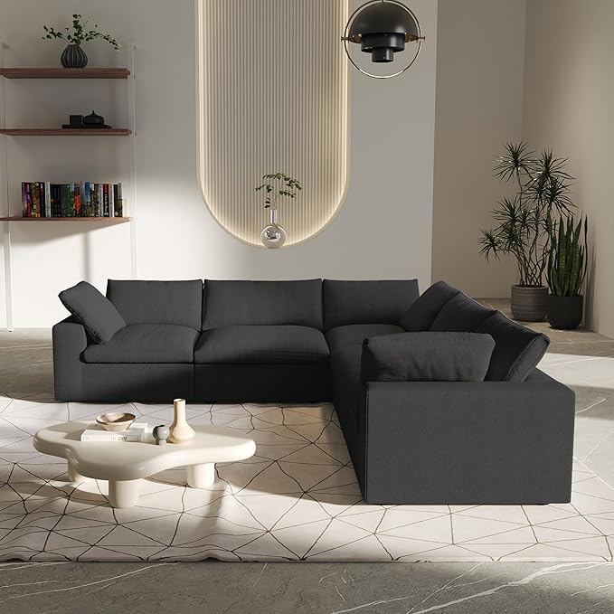 V-Shaped Cloud Sectional Couch, Modular Sectional Sofa, Modern Comfy Cloud Sofa, Covers Removable, Convertible Sleeper Couch for Living Room Apartment (Black, Linen Fabric)