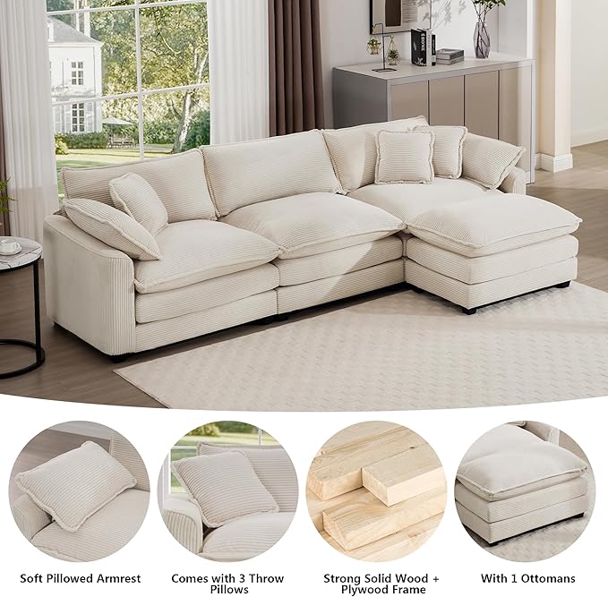 Aoowow Corduroy 3 Seater Cloud Couch with Ottoman,Modern Cloud Couches for Living Room,Modular Sectional Cloud Sofas with Deep Seat,Oversized Tufted L-Shaped Sofa Set (Beige, 3 Seater + 1 Ottoman)