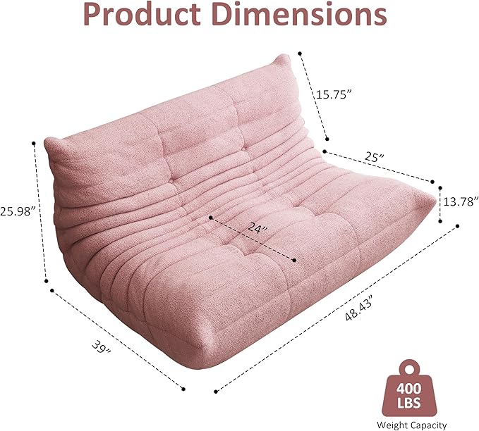 Bean Bag Chair, Oversized Loveseat Fireside Chair for Adults, 2 Seater with Memory Foam Filled, Lazy Sofa Lounge Floor Sofa for Living Room, Bedroom, Office, No Assembly Required. (Pink)