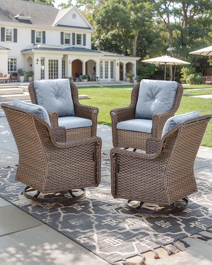 ACTREST Patio Chairs Outdoor Swivel Glider - Set of 4 High Back Outside Brown Wicker Rattan Rocking Chair with Thick Cushion for Porch Apartment Deck Yard Poolside Garden - Baby Blue