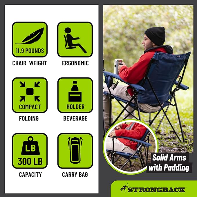 STRONGBACK Elite Folding Camping Lawn Lounge Chair Heavy Duty Camp Outdoor Seat with Lumbar Support and Portable Carry Bag - Black/Grey