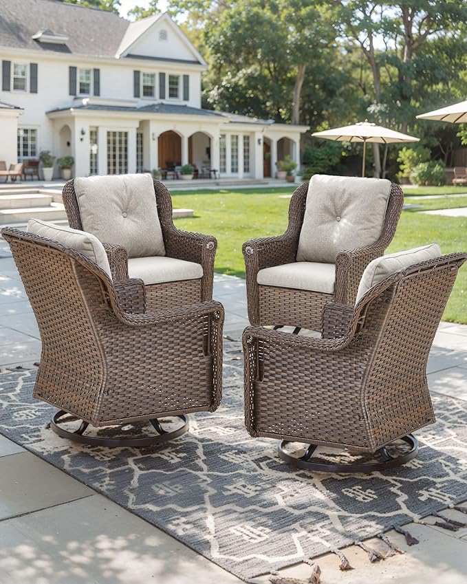 ACTREST Patio Chairs Outdoor Swivel Glider - Set of 4 High Back Outside Brown Wicker Rattan Rocking Chair with Thick Cushion for Porch Apartment Deck Yard Poolside Garden - Beige