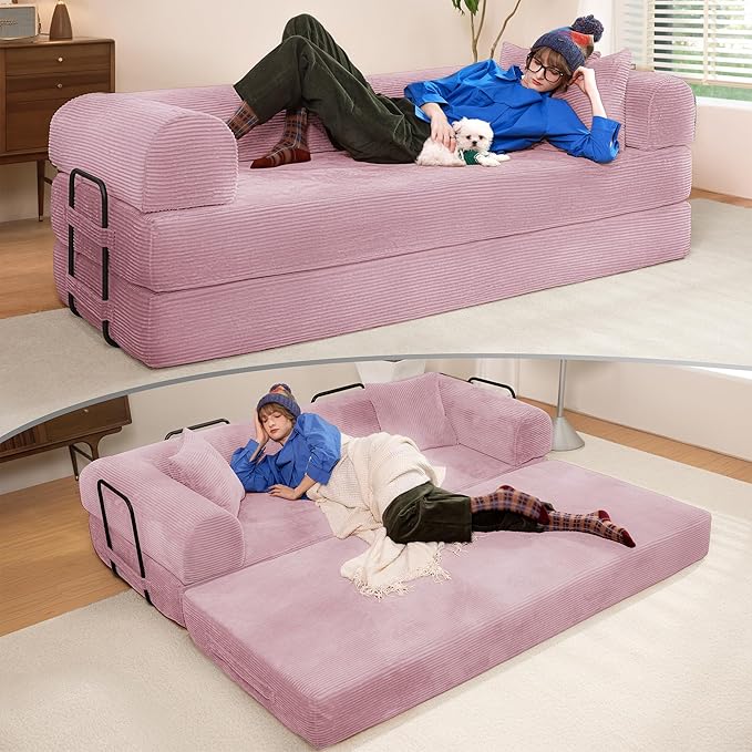 Convertible Sleeper Sofa Bed, 78" Corduroy Foldable Boneless Modular Couch, Memory Foam Compressed Sofa in A Box W/Plush Fabric Comfy Floor Lounge Couch for Living Room Apartment Bedroom, Pink