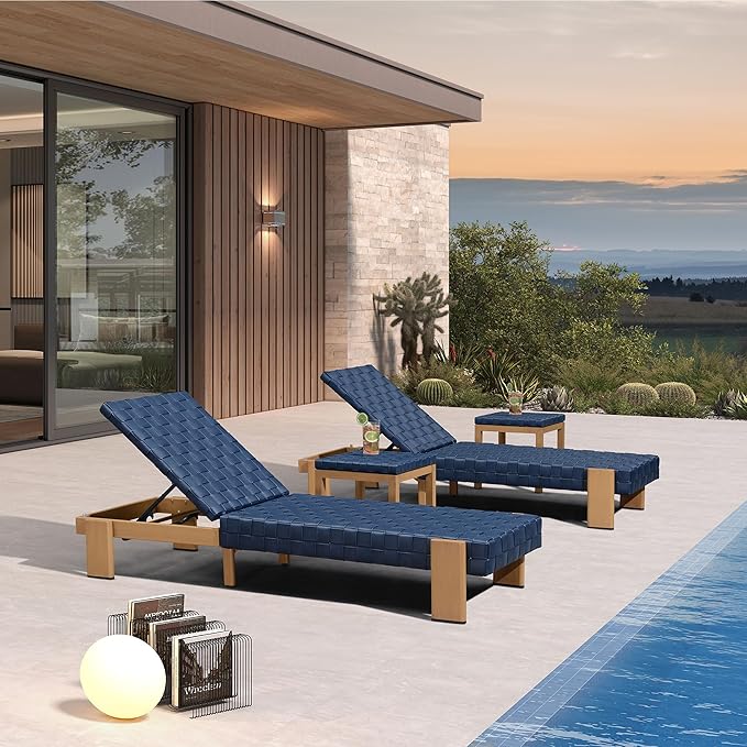 PURPLE LEAF Patio Chaise Lounge Modern Outdoor PU Leather Style Lounge Chair 4 Pieces with Adjustable Backrest Luxury Aluminum Chaise Lounge Chairs for Pool Garden Backyard Beach, Blue