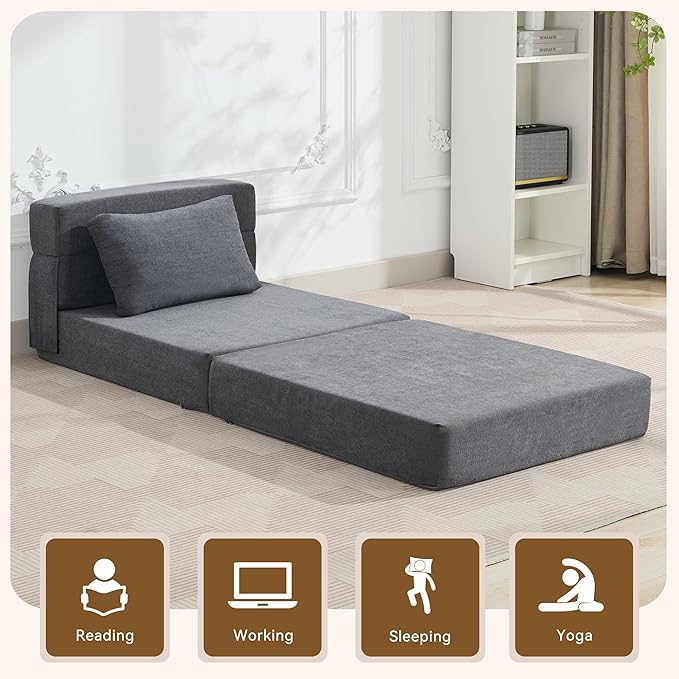 Folding Sofa Bed Convertible Floor Couch Foldable Chair Bed with Pillow，Linen Sleeper Chair Futon,Foldable Memory Foam Mattress for Bedroom/Living Room/Dorm/Office (Dark Grey, Single)