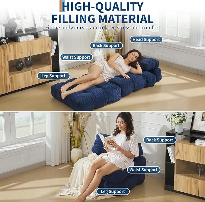 Garvee Folding Sofa Bed, Convertible Sleeper Chair with Pillow Foldable Mattress with Back Support, Boneless Fold Out Chair Bed Comfy Floor Sofa Lounge for Living Room, Bedroom, Navy Blue, Single