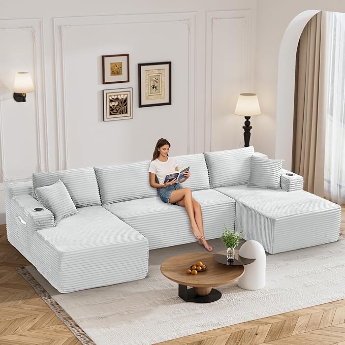 130" Oversized Cloud Boneless Sofa Couch with Chaise, Modern Corduroy Modular Sectional Sofa with Deep Seat, Comfy Couch with cupholders and Storage, No Assembly Required-Light Grey