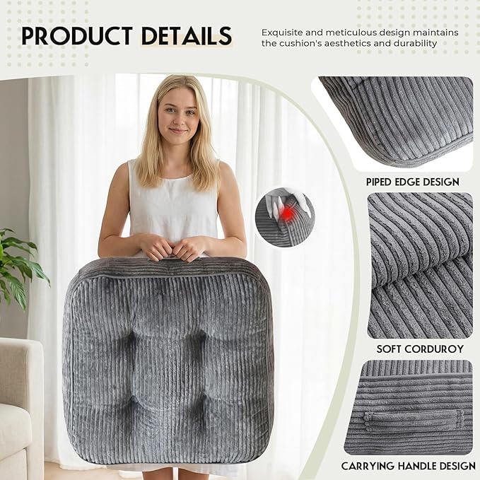 11In Washable Floor Pillow for Adults, Yoga & Meditation Cushion with Handle, Square Large Pillows Seating with Removable Tufted Corduroy Cover for Tatami Living Room Board Games, Light Gray