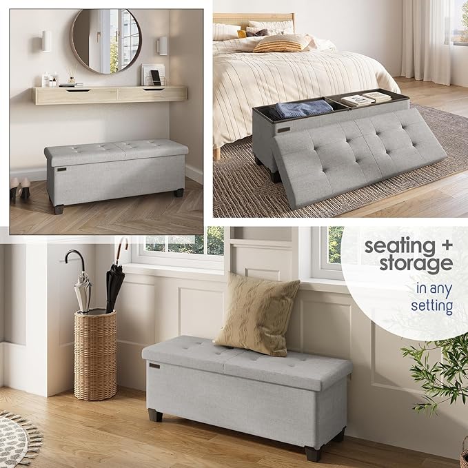 STORAGEBUD Storage Ottoman Bench with Bins, 43-in Storage Bench for Bedroom End of Bed, Folding Foot Rest Ottoman for Living Room Max 660lbs, Fabric Ottomans, Light Grey