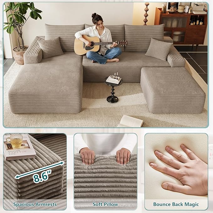 95" U-Shape Cloud Couch, Modern Modular Sectional L-Shape Sofa with Ottoman, Corduroy Upholstered Couches Deep Seat Sleeper Chaise Longue for Living Room, No Assembly Required(Camel, Left Facing)