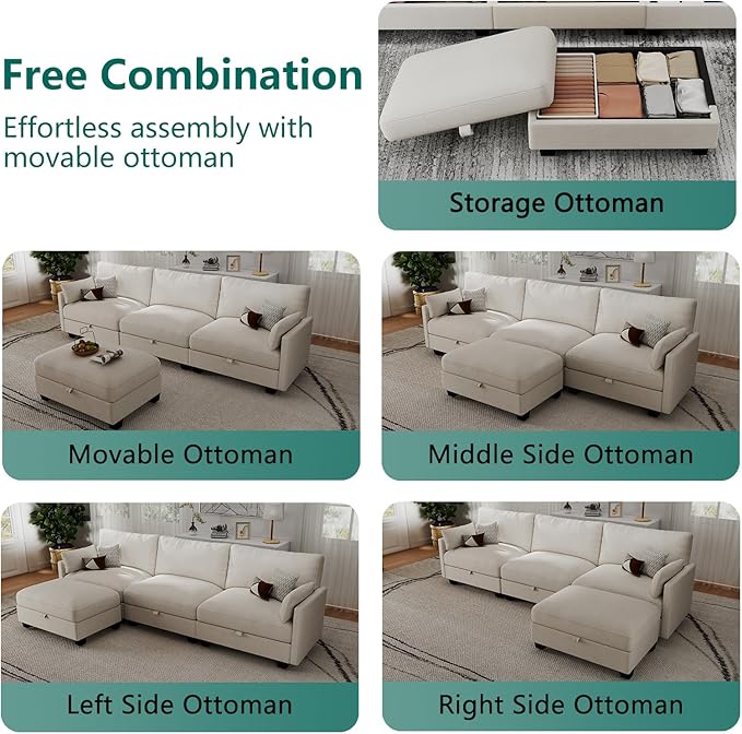 Modular Sectional L Shaped Sofa Couches for Living Room, Cloud Couch with Storage Ottoman, Comfy Chenille Sofa with Pillow, Beige