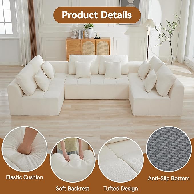 140''Modular Sectional Couches for Living Room, Cloud Boneless Compressed Sectional Sofa, Oversized U Shaped 6 Seater Upholstered Memory Foam Sofa, No Assembly, Chenille Beige