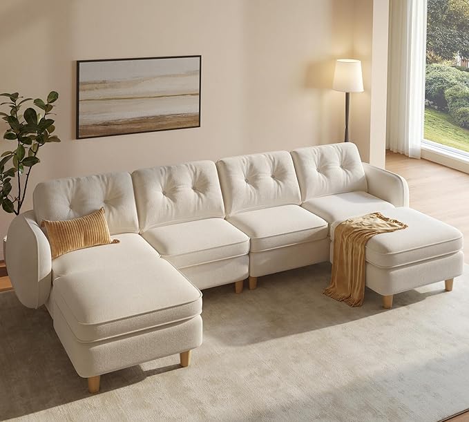DWVO 108" Modular Sectional Sofa, 6-Seat Convertible U-Shaped Couch with Curved Armrests and 4 Pillows, High-Density Memory Foam for Living Room