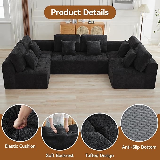 140''Modular Sectional Couches for Living Room, Cloud Boneless Compressed Sectional Sofa, Oversized U Shaped 6 Seater Upholstered Memory Foam Sofa, No Assembly, Chenille Black