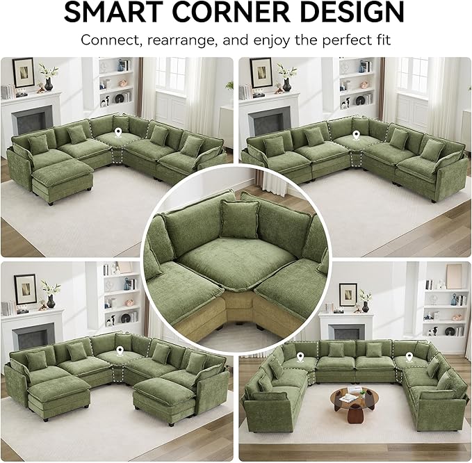 113'' V Shaped Cloud Sectional Sofa, Oversized Deep Seat Couches for Living Room, Chenille Comfy Upholstered Modular Sectional Sofa Couch with 2 Movable Ottoman, Green
