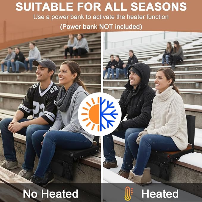 Romswi 2PK 3-Level Heated Stadium Seats for Bleachers with Back Support,Padded Bleacher Seats with Comfort Thick Cushion,Portable Folding Waterproof Bleacher Chair,with Shoulder Strap for Outdoors