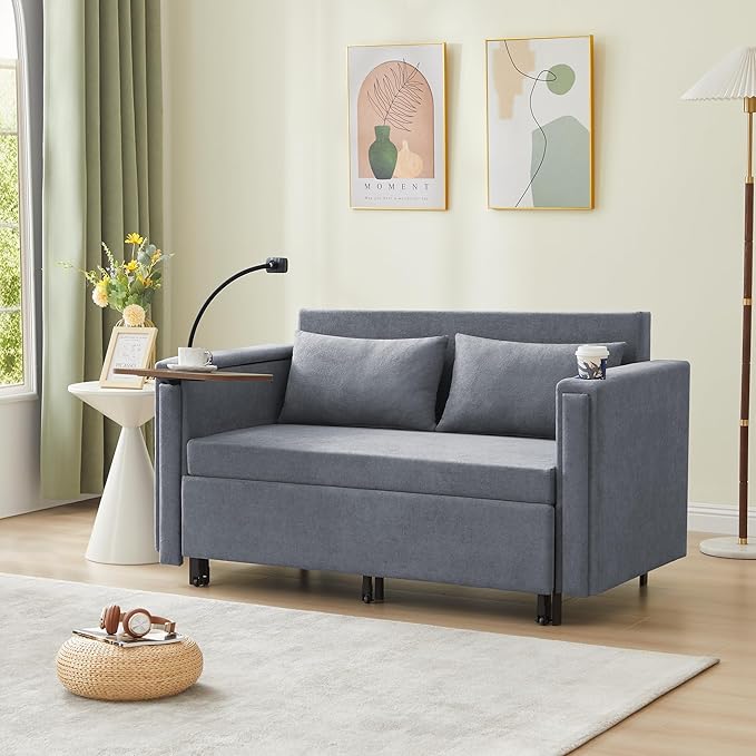 ORRD Pull Out Sofa Bed, 2-in-1 Multi-Functional Sleeper Couch Small Loveseat Bed with Hidden Side Table, Phone Holder and Cup Holder for Living Room, Small Space, Apartment (Grey)