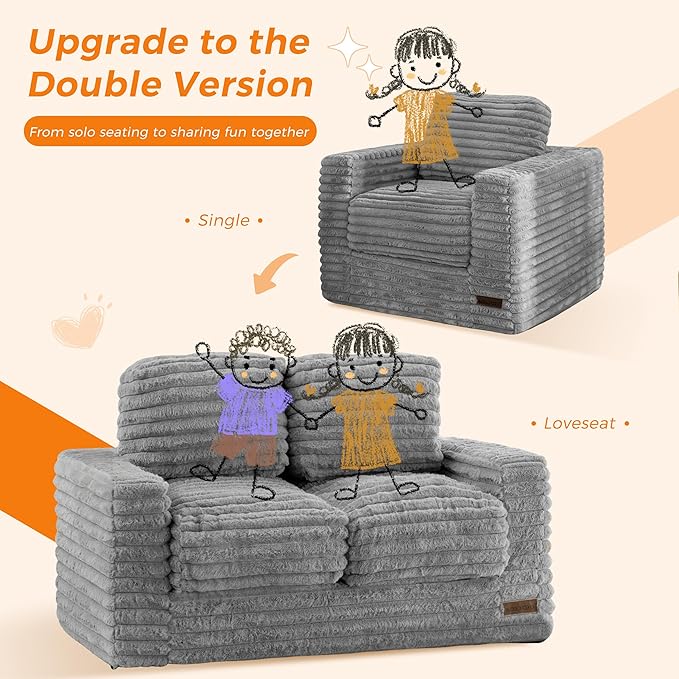 MAXYOYO Extra Wide Kids Bean Bag Chair, Comfy Faux Fur Bean Bag Sofa with Filler, Upholstered Floor Sofa with Pillows and Armrests, Lazy Floor Chair Couch for Boys and Girls, Grey