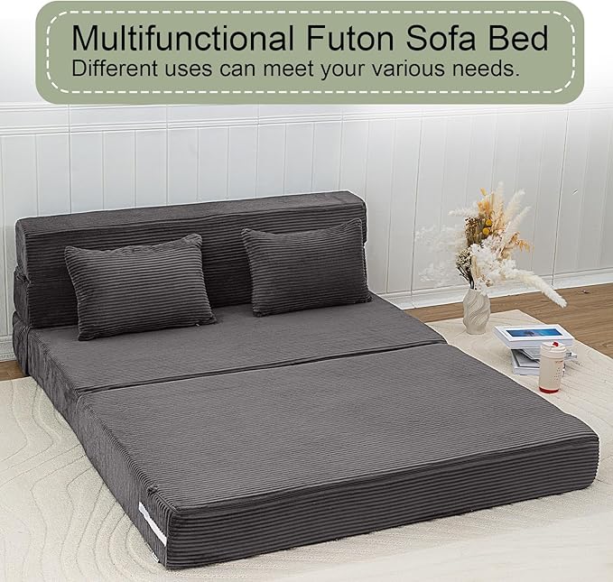 MeMoreCool Boneless Folding Sofa Bed Full, Corduroy Convertible Sleeper Chair, Foldable Foam Mattress Chair, Comfy Fold‑Out Futon Couch Bed, Large Floor Sofa Couch for Living‑Room Guest