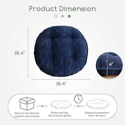 35" Washable Floor Pillow Cushion for Adults, Meditation Cushion Pillow, Extra Large Round Floor Sitting, Removable Tufted Corduroy Cover, for Tatami Living Room or Yoga, Navy, Machine Washable