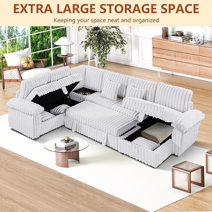 Modular Sectional Sleeper Sofa with Pull Out Bed, Storage Chaise & USB Charging, U Shaped Plush Corduroy Sectional Couches for Living Room, Comfy Convertible 7 Seat Cloud Sofa Bed, Grey
