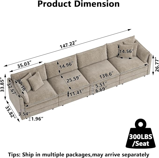 Aoowow Modular Sectional Sofa,147.2 Inch Modern Deep 4-Seater Sofas Comfy Chenille Cloud Sofas and Couches with Pillows for Living Room Apartment（Camel）